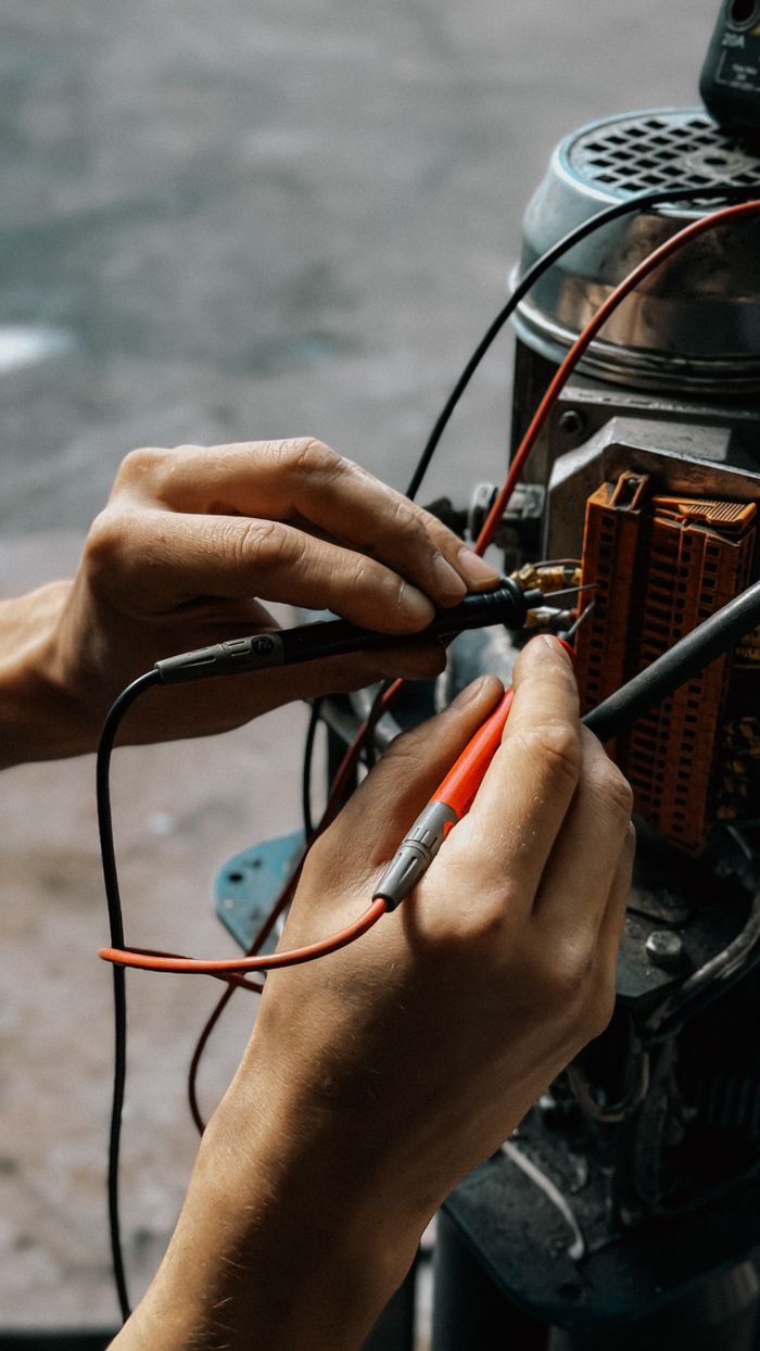 The Art of Drawing Readers In: Your attractive post title goes here Close-up of hands using multimeter on motor wires. Precision in electrical testing.